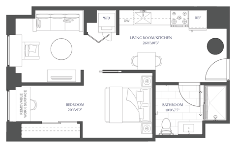 Floor plan for 1 bed, 1 bath, 574 sqft